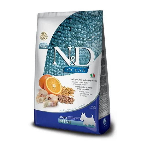 ND נטורל אנד דלישס אושן גזע קטן דג קוד, דגנים קדמונים ותפוז - 7 ק"ג